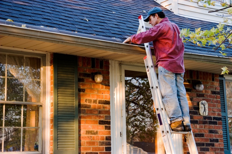 man on a ladder cleaning gutters