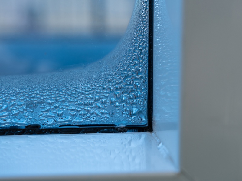 A close up of a window pane with a lot of water droplets in the corner. This is a sign of poor insulation in your home.