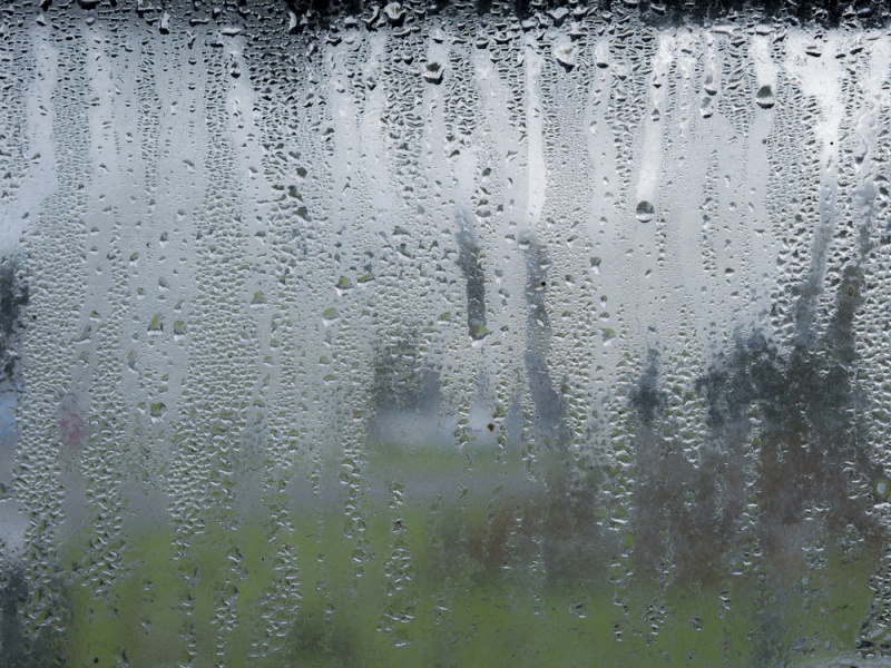 A closeup of a blurry window with condensation and water droplets running down the surface of it.